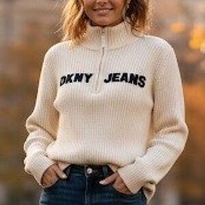 Vtg DKNY Jeans Women‎ M Cream Ribbed Quarter Zip Cotton Sweater Embroidered Logo